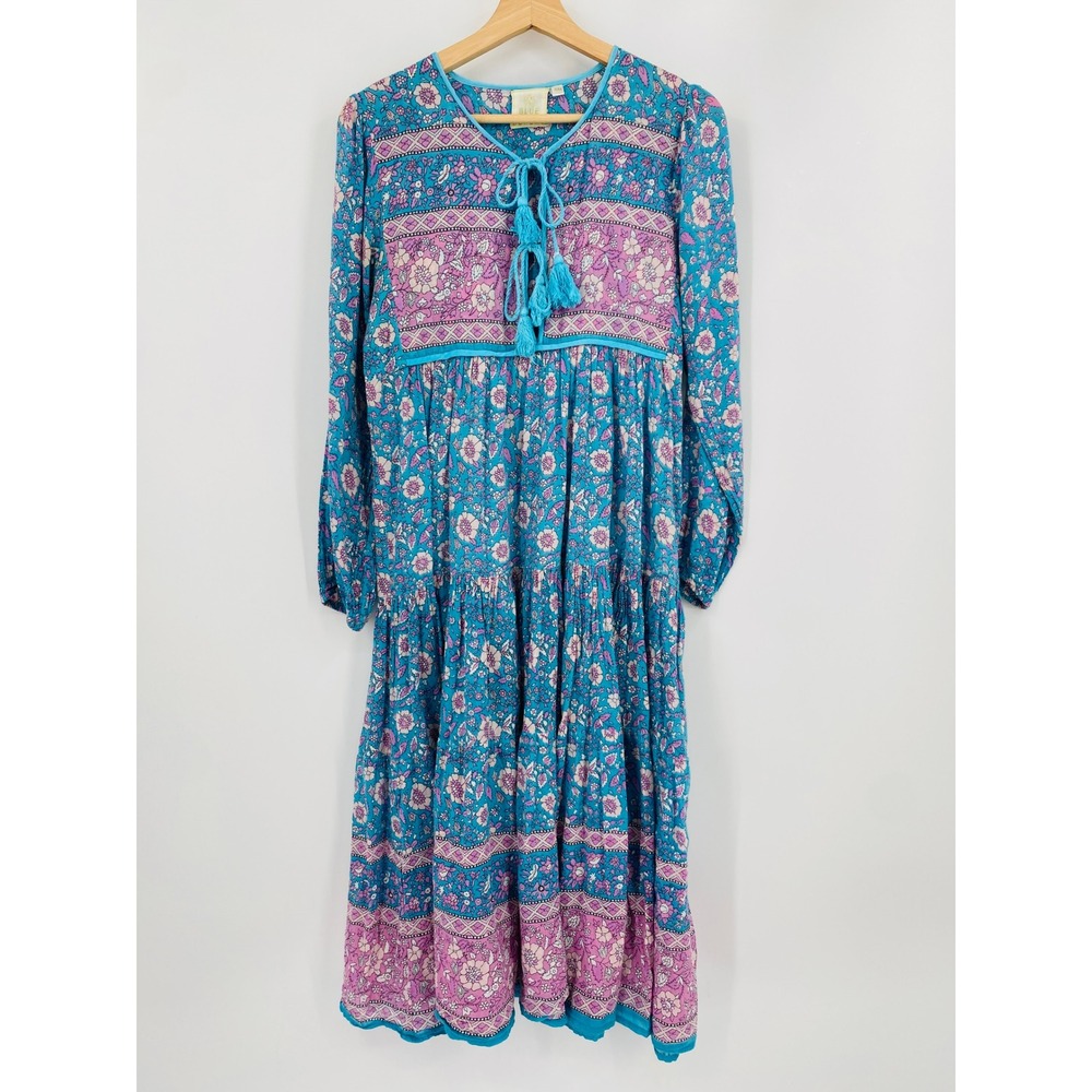Blue Boheme Midi Dress Women S/M Blue Floral Tiered Tassel Boho